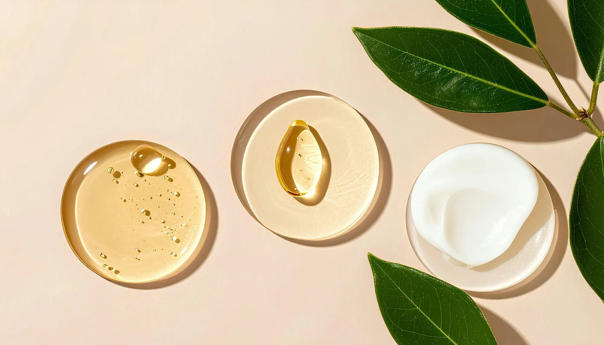 Three glass dishes of serum, oil and cream on a beige surface beside green leaves